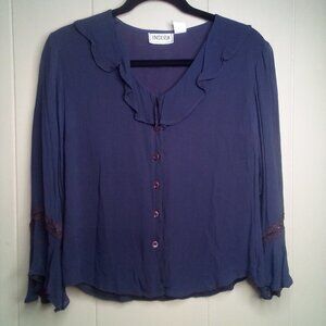 Indira Blouse M Button Front Ruffle 3/4 Sleeve Rayon Blue